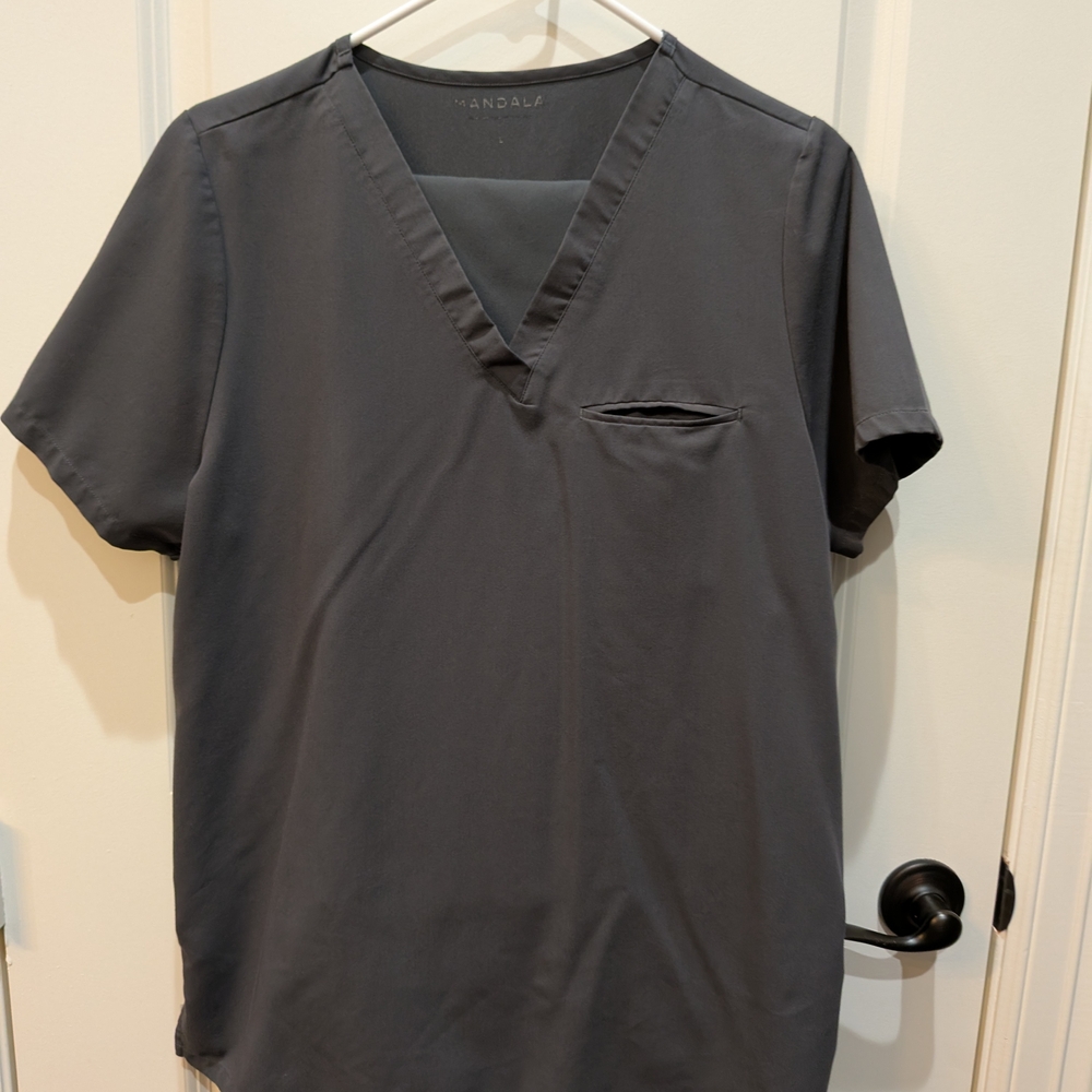 Mandala Gray One Pocket Scrub Top And 9 Pocket Cargo Drawstring Pant Set